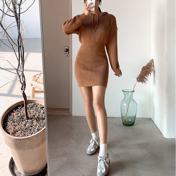 Brown Knit Hooded Mini Sweater Dress - Picture 2 of 6